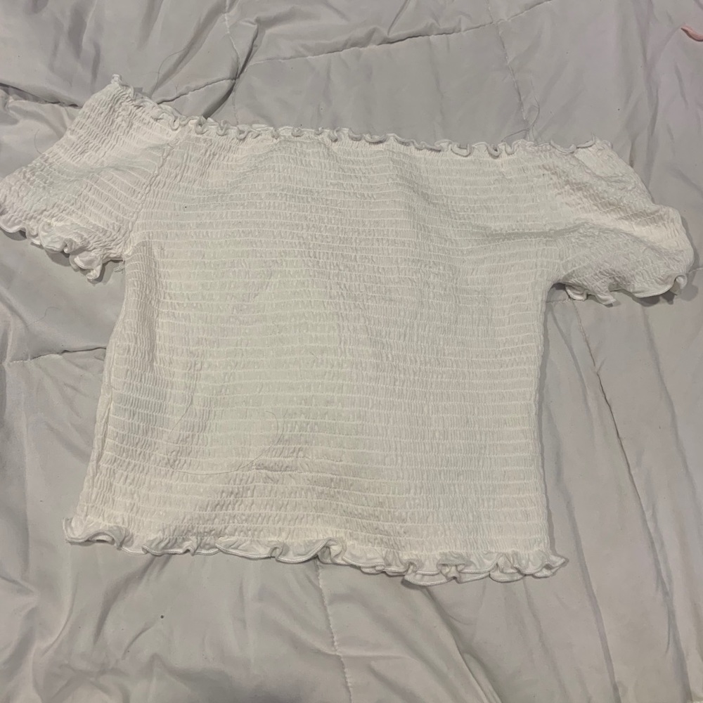 white ribbed off the shoulder top